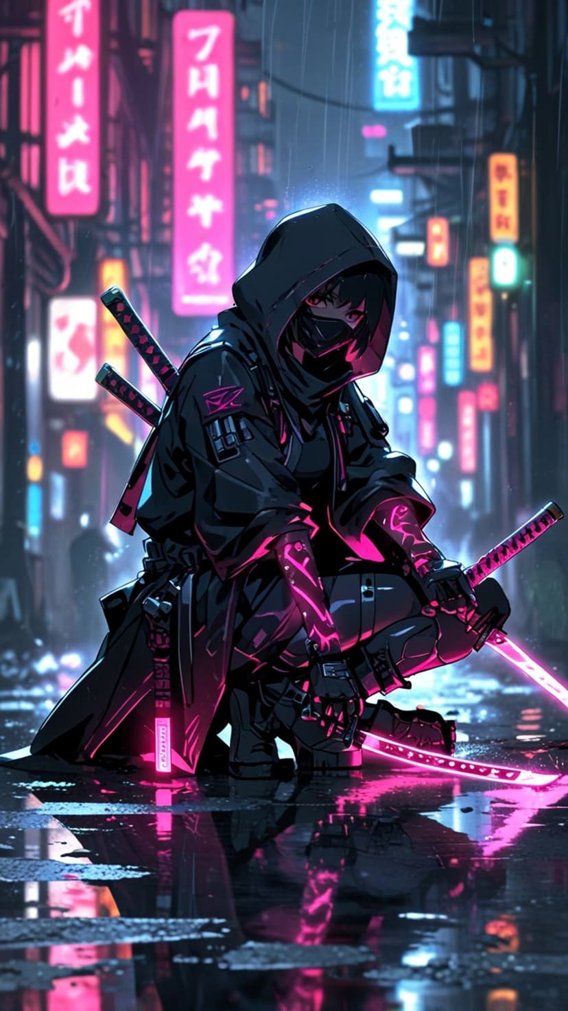 Hooded ninja crouches on a wet city street holding a glowing blue katana amidst pink neon lights and falling rain.