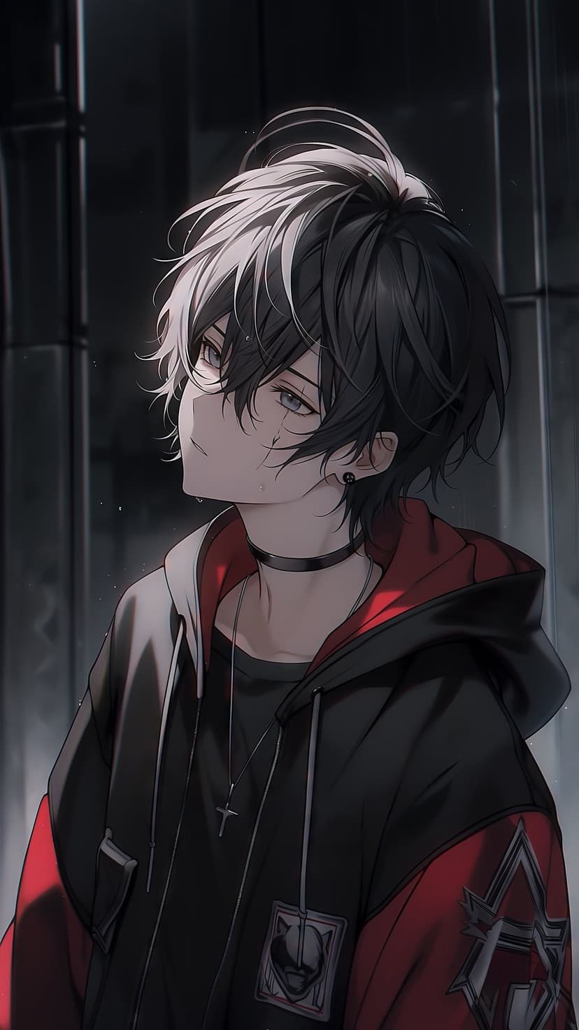 Young man with messy black hair and white streaks wearing a black hoodie with red trim and a silver necklace.