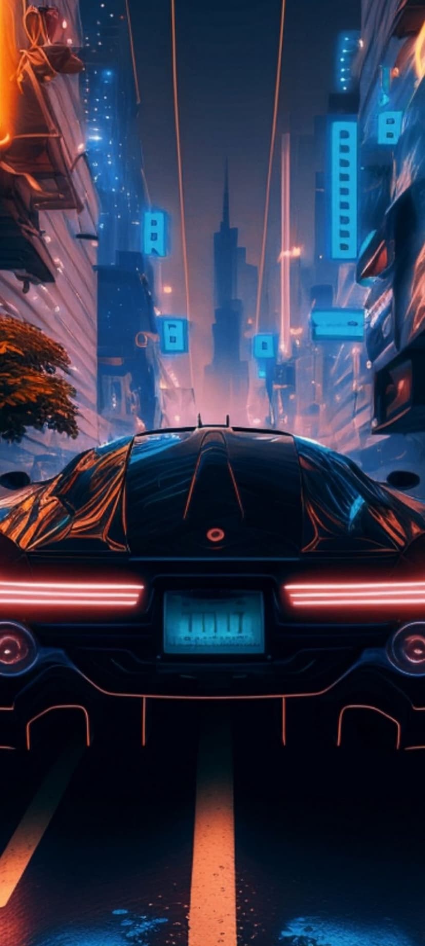Black sports car with orange lights parked on a wet street between neon skyscrapers in a futuristic night city.