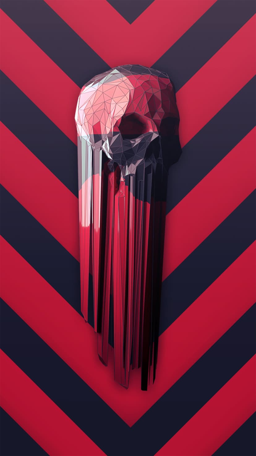 Polygonal skull with metallic pink facets drips over a background of red and dark blue diagonal chevron stripes.