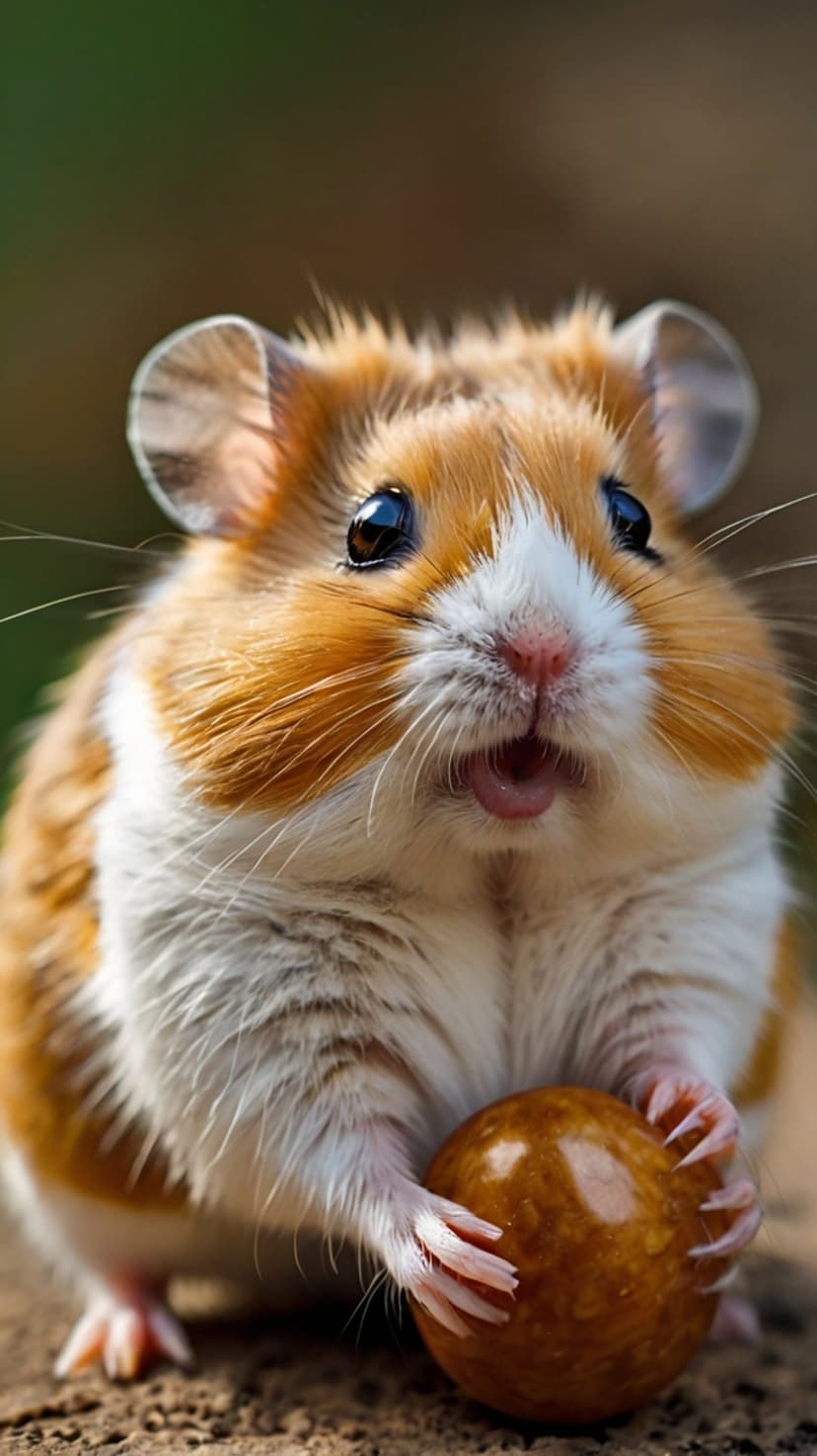 Syrian hamster with ginger and white fur holds a brown nut in its tiny paws against a blurry soft background.