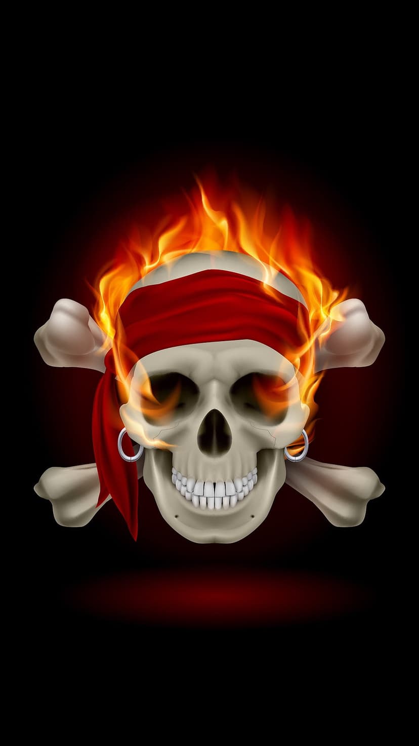 Pirate skull wreathed in orange flames wearing a red bandana and silver earring against a black background.