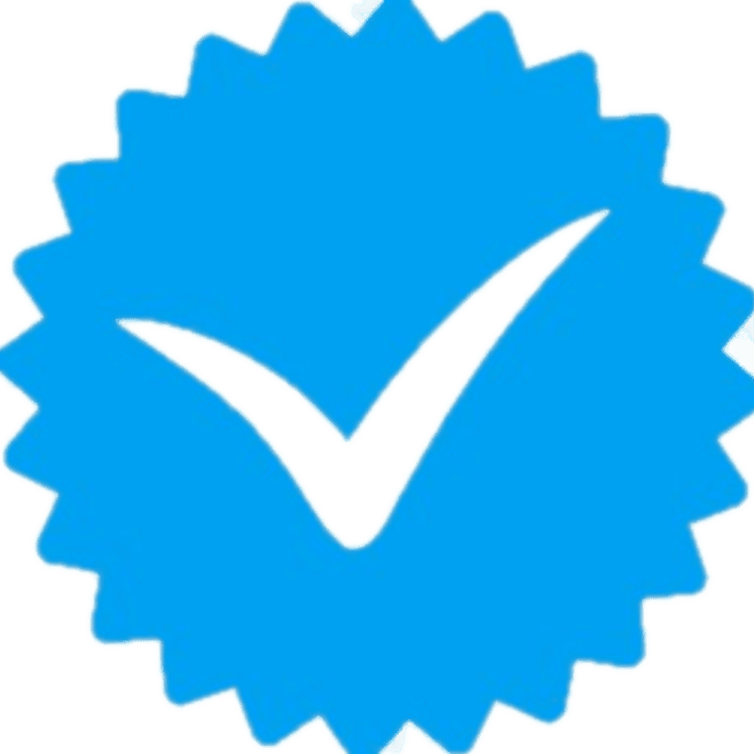 Verified badge icon showing a sky blue scalloped circular shape with a solid white checkmark in the center.
