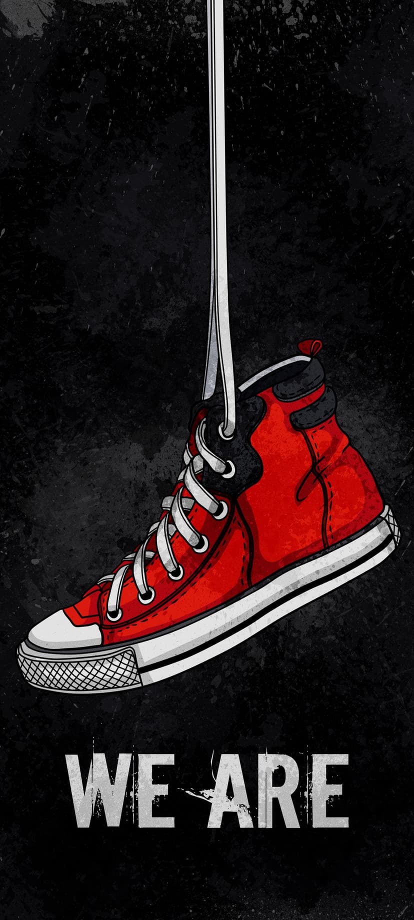 Red high-top sneaker suspended by white laces above bold WE ARE text against a dark textured background.