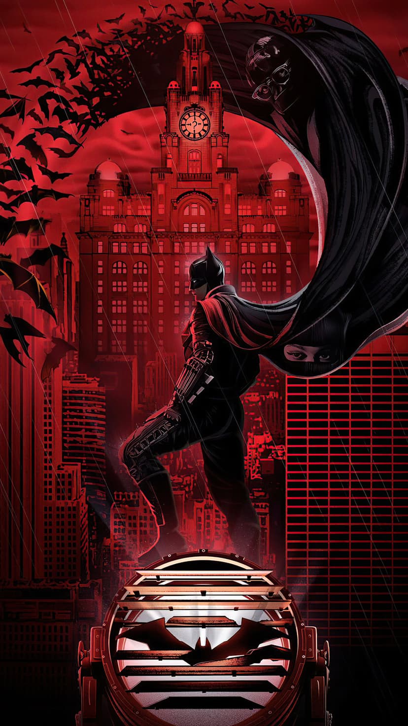 Batman overlooks a rainy Gotham City under a red sky with bats flying and Catwoman’s eyes in the background.