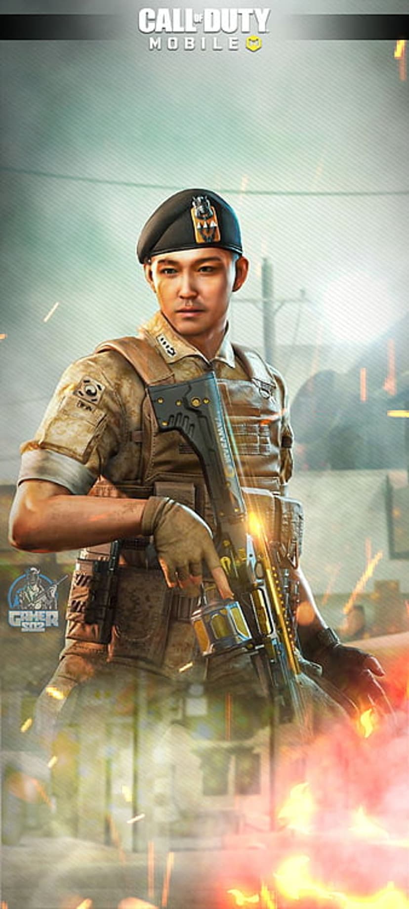 Soldier in a beret holds an assault rifle in a burning combat zone with smoke and fiery orange embers.