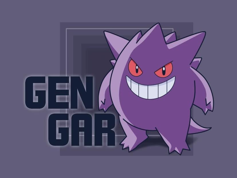 Gengar with a wide grin and red eyes stands beside stylized text on a purple minimalist background.