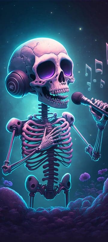 Skeleton DJ with Headphones Singing into Microphone