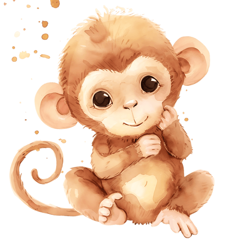 Baby monkey watercolor illustration with expressive brown eyes, a curled tail, and soft amber textured fur.