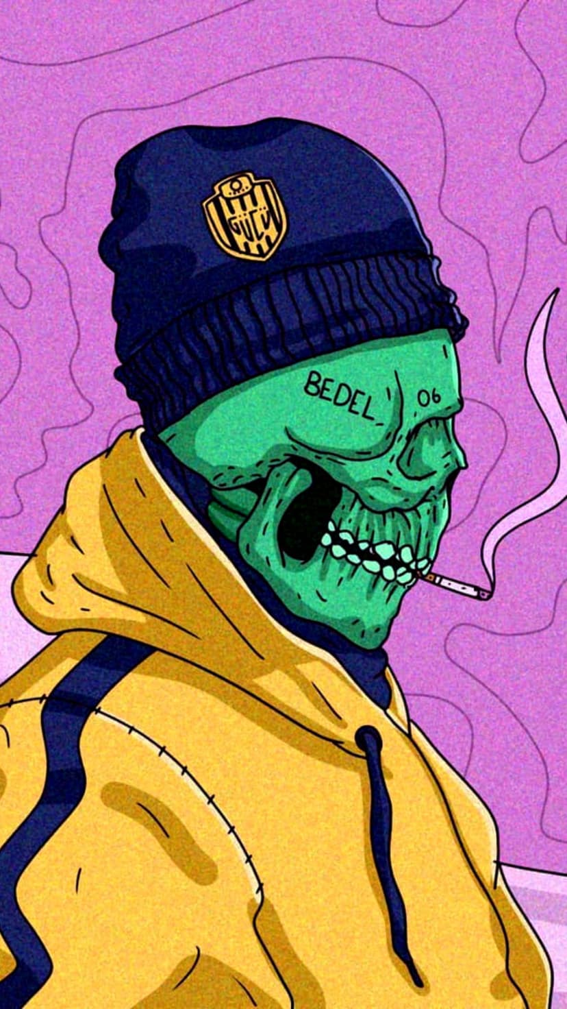 Green skull with tattoos smoking a cigarette, wearing a yellow hoodie and blue beanie on a purple background.