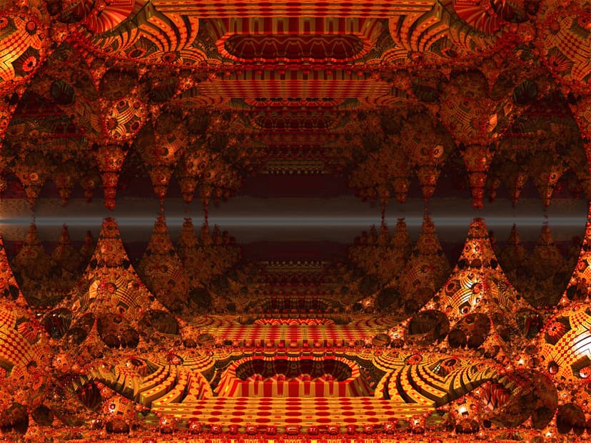 Fiery orange and gold fractal structures form a symmetrical, crystalline cavern with deep shadows and glowing light.