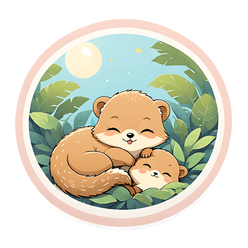 Brown otter sticker illustration shows two mammals embracing in a circular frame with jungle leaves and a moon.