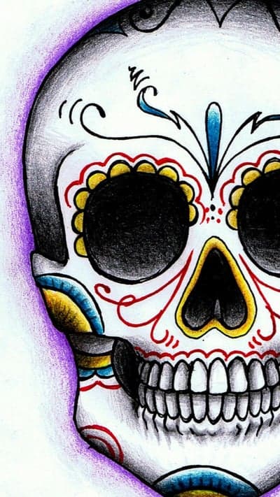 Colorful Sugar Skull Drawing with Intricate Floral Designs