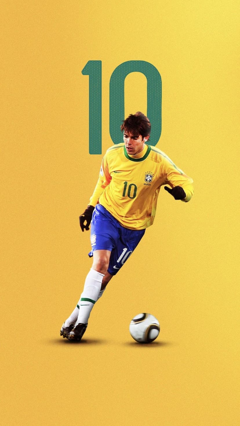 Kaká dribbles a soccer ball wearing a yellow Brazil kit with a large number 10 on a soft yellow background.