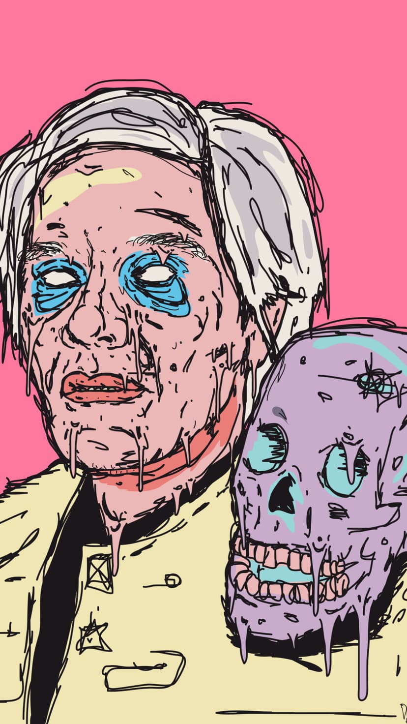 Person with melting skin and blue-rimmed eyes clutches a dripping purple skull against a bright pink background.