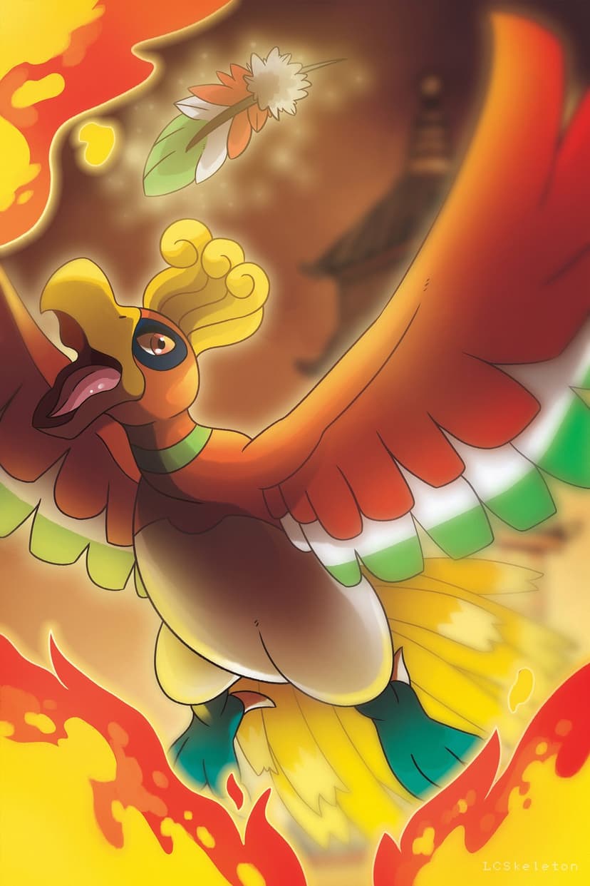 Ho-Oh flies above rising orange flames with a rainbow feather floating in front of a blurred pagoda background.
