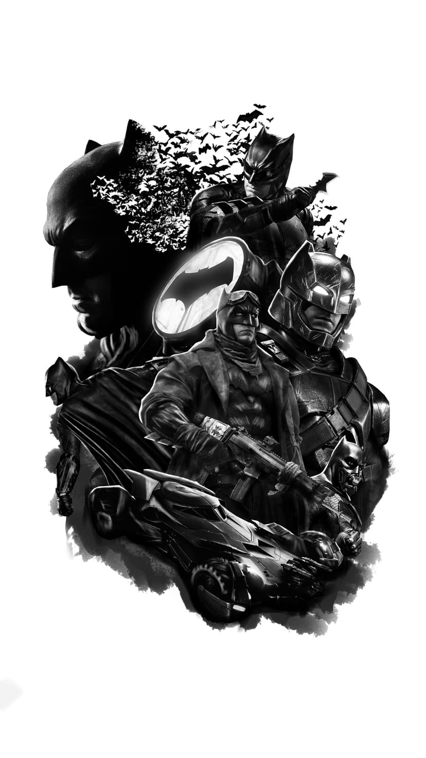 Batman stands above the Batmobile and a glowing signal amidst a flock of bats in this black and white collage.