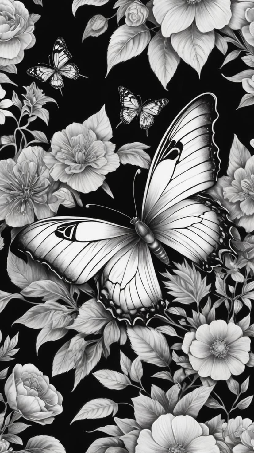 Butterfly with patterned wings rests on blooming flowers and leaves in a high-contrast black and white scene.