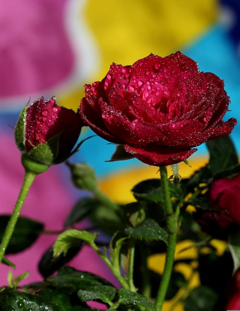 Red rose blossom with glistening water droplets on its petals against a soft multicolored bokeh background.
