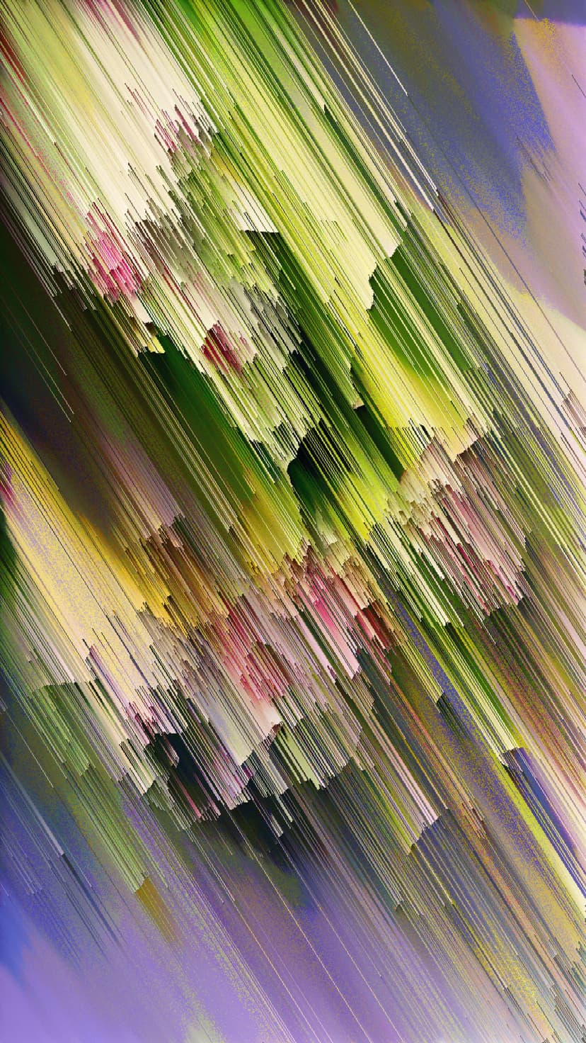 Pink and lime green flower petals fragmented by diagonal lines and pixelated shifts in a glitch aesthetic.