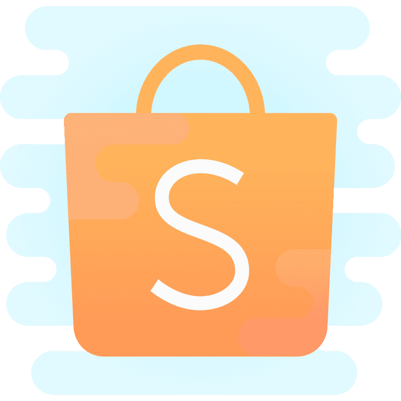 Shopee logo features orange shopping bag icon with white S character beside lowercase orange sans-serif text.