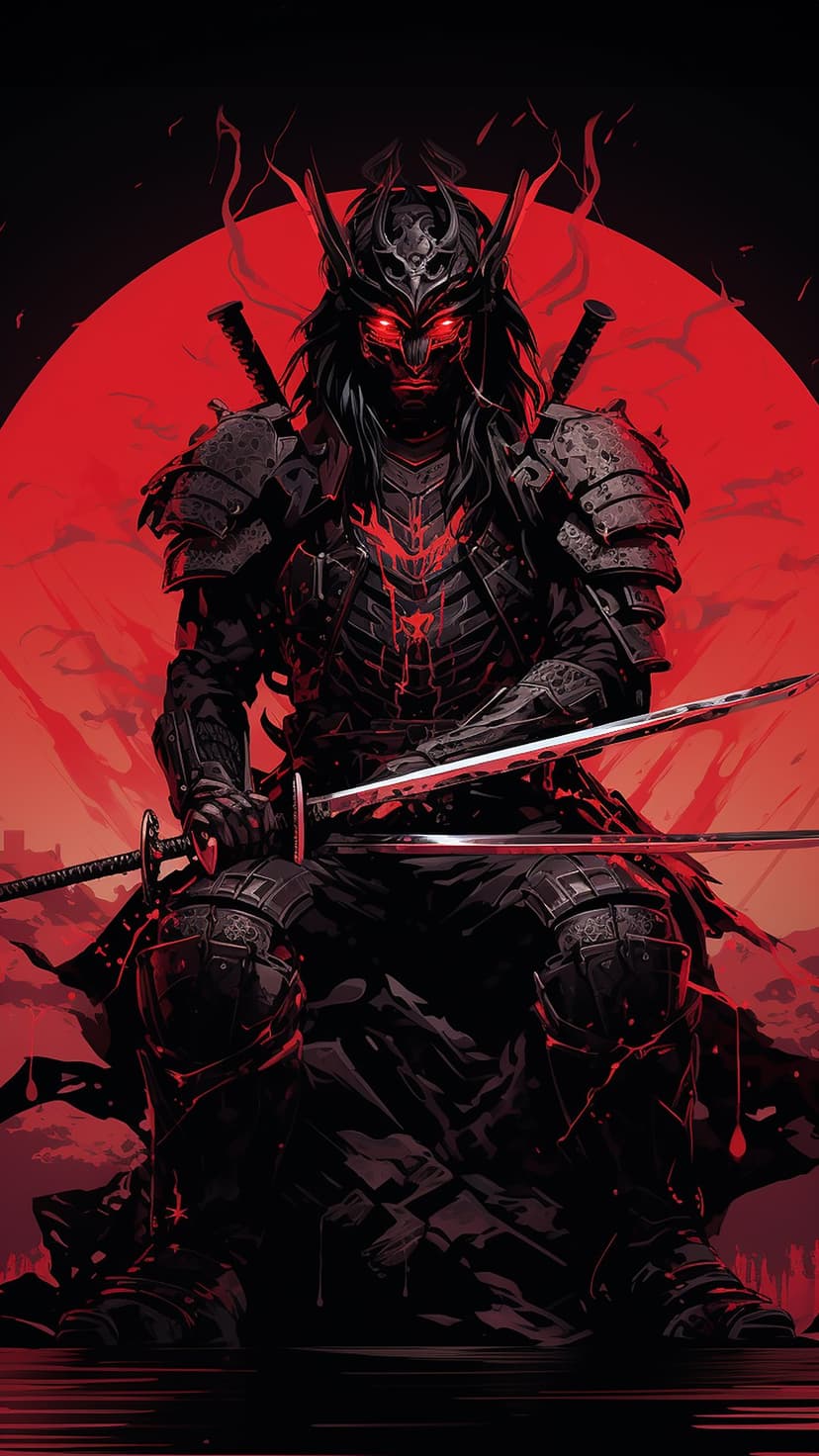 Demonic samurai warrior in ornate black armor sits holding two swords beneath a glowing red moon in a dark sky.