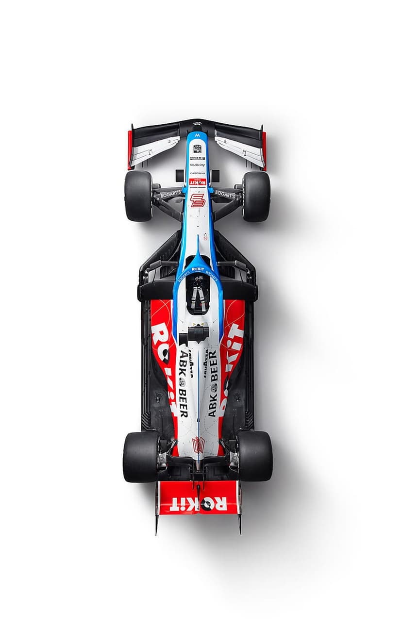 Blue and white Formula 1 race car with red accents seen from directly above against a plain white background.