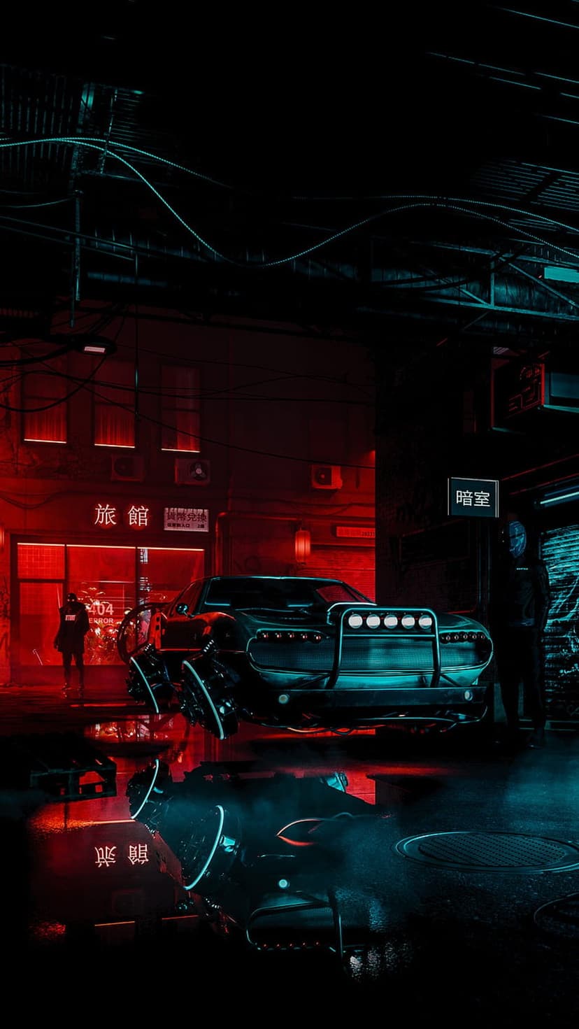 Futuristic modified car with glowing cyan trim parked on a wet city street reflecting red and blue neon signs.