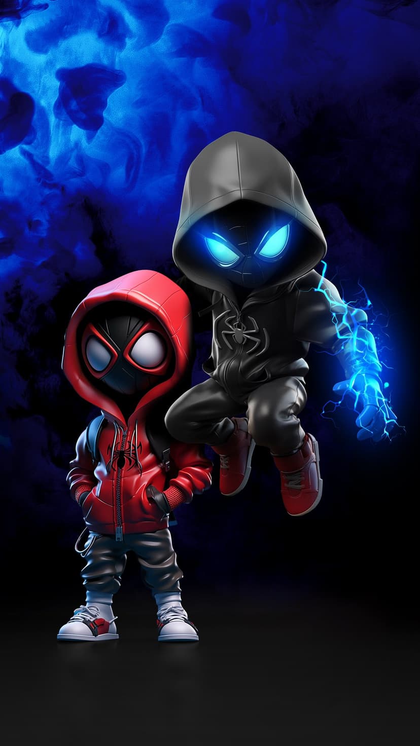 Miles Morales and a hooded hero stand amidst swirling blue smoke with glowing eyes and electric energy sparks.