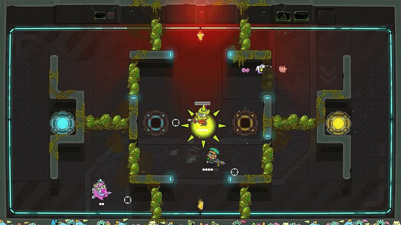 Green cactus alien and hero fight monsters in a dark industrial arena with glowing blue and gold portals.