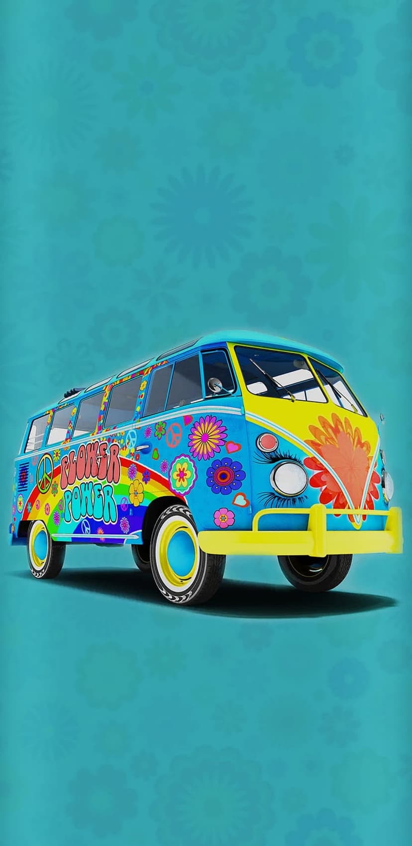 Volkswagen microbus with colorful flower decals and a rainbow parked against a teal floral pattern backdrop.