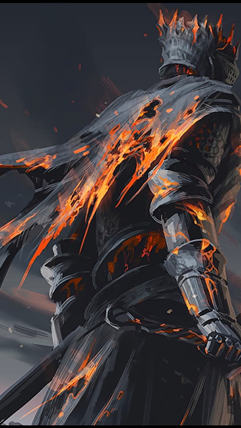 Sovereign knight in spiked crown wearing obsidian armor with glowing orange embers and a tattered burning cape.