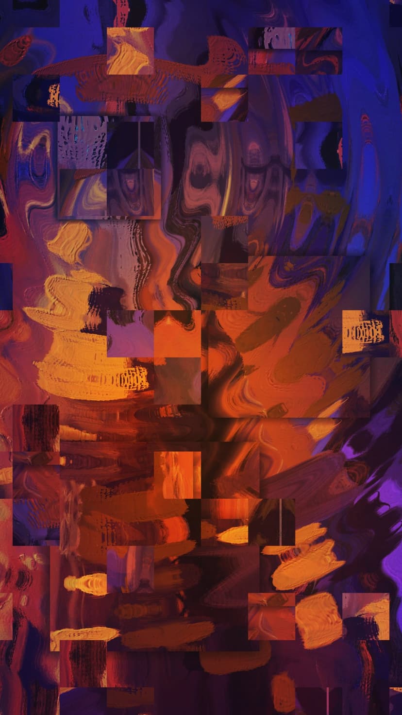 Interlocking waves of orange, red, and indigo paint fragments flow across a vertical grid with a glitchy texture.