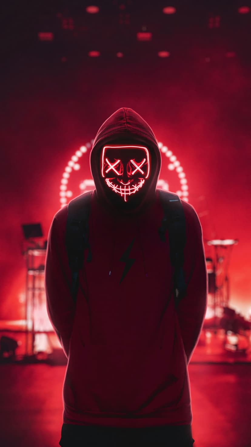 Masked person with glowing X-shaped eyes and a stitched smile stands against a red carnival ferris wheel.