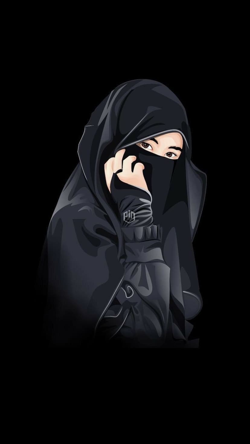 Veiled woman in a black niqab and hijab with deep expressive eyes peering through dark draped fabric folds.