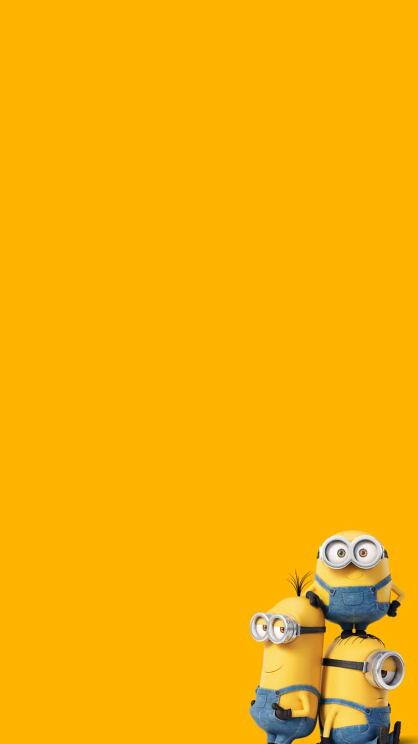 Three Minions wearing denim overalls and goggles are stacked vertically on a solid bright yellow background.
