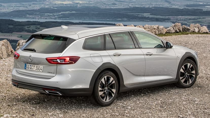 Silver Opel wagon parked on gravel overlooking a vast valley and lake under a bright, hazy sky.