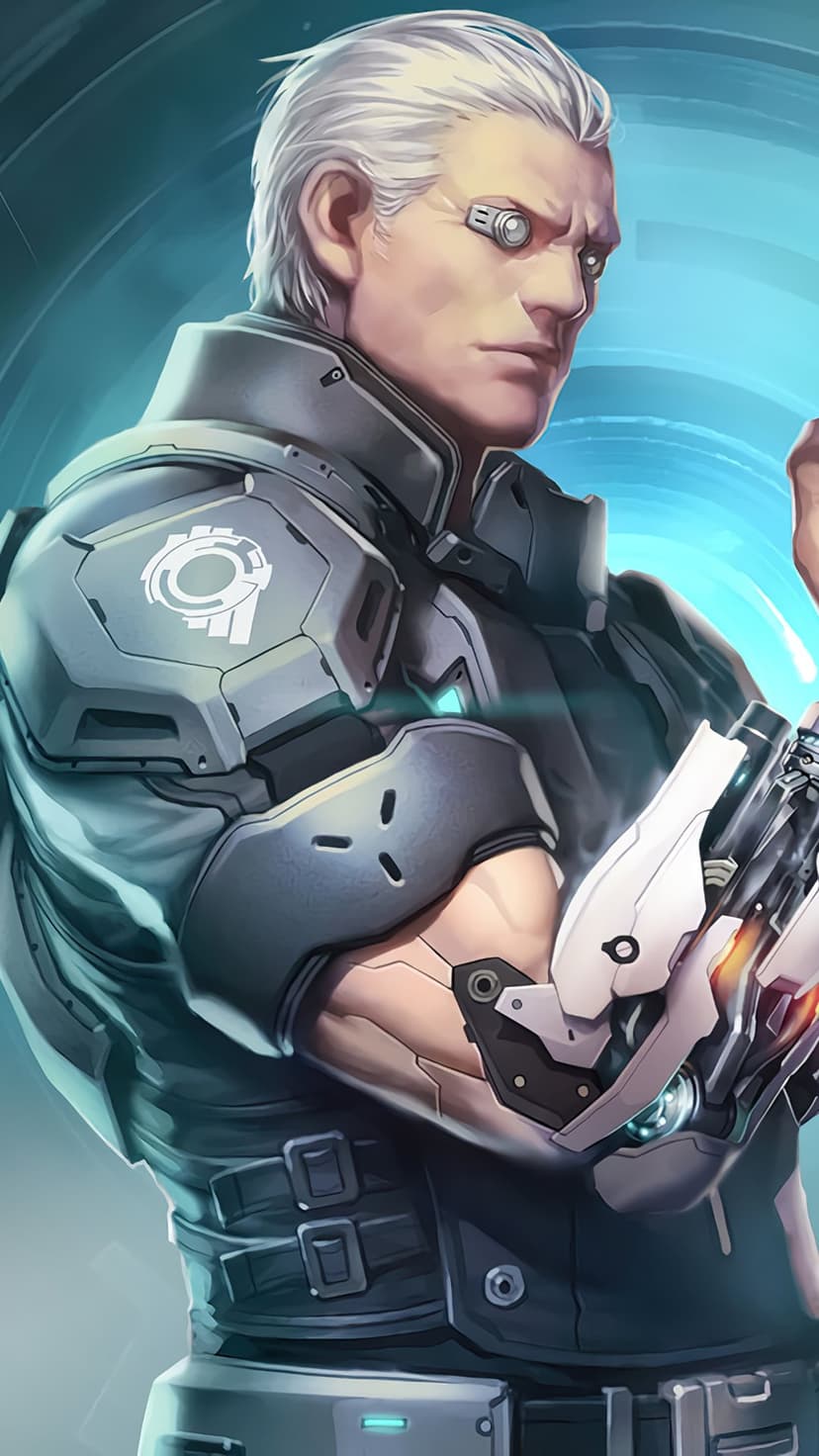 White-haired cybernetic soldier with a glowing bionic arm and detailed metallic plating against a dark background.