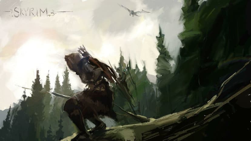 Hooded archer crouching on a log in a green pine forest while a dragon flies in a cloudy sky.