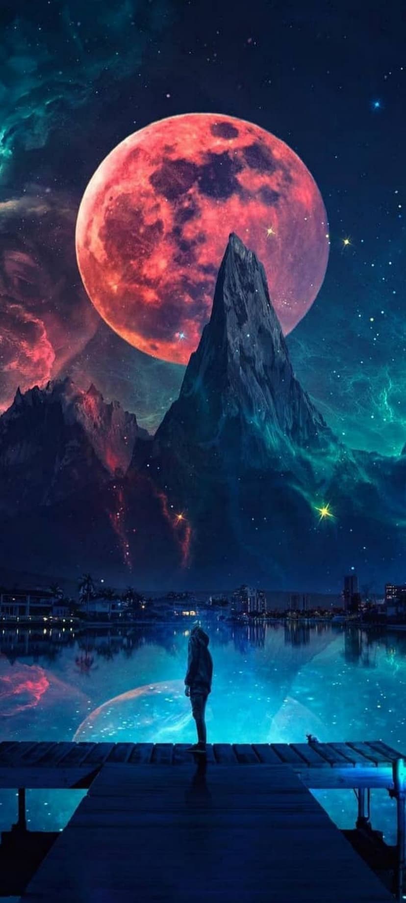 Lone person silhouetted on a wooden pier facing a massive red moon and swirling turquoise celestial nebulae.