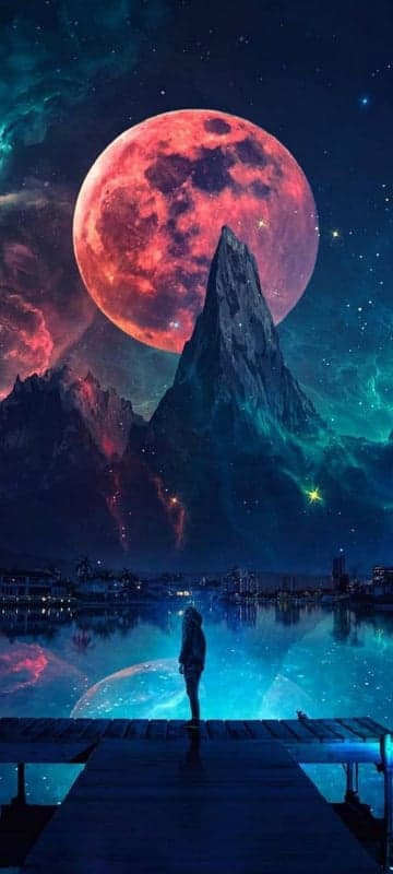 Cosmic Serenity: Person Gazing at Red Moon and Starry Sky