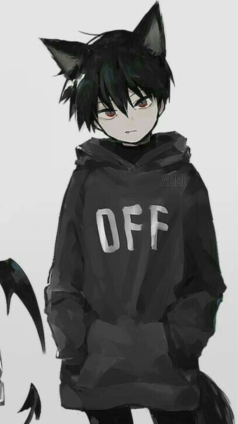 Black-haired neko boy with red eyes wears a dark hoodie labeled OFF against a light gray studio background.