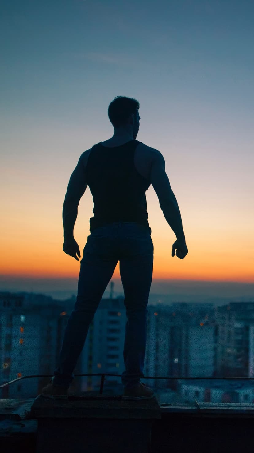 Muscular man viewed from behind standing on a rooftop overlooking a glowing city skyline under a twilight sky.