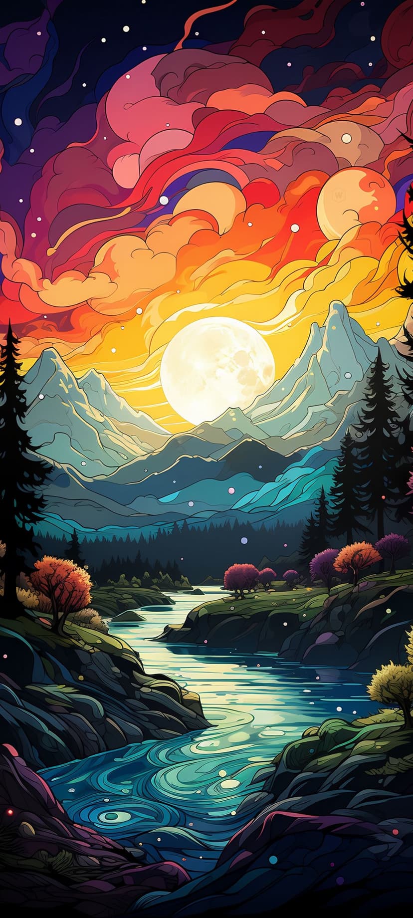 Huge moon over blue mountains and a reflective river with orange and purple swirling clouds in a starry night.