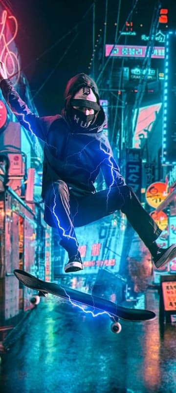 Cyberpunk Skater Jumps with Lightning Effects