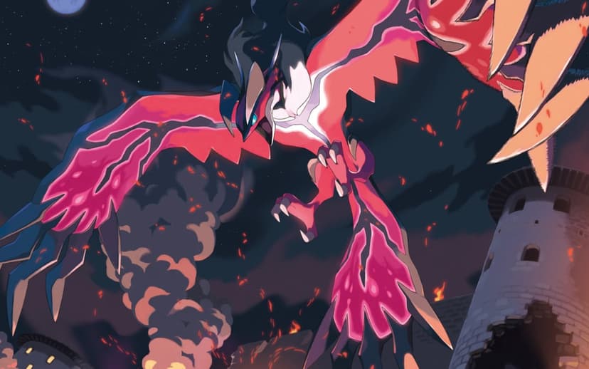 Yveltal soaring over a crumbling stone tower amidst fire and thick smoke under a starry night sky and moon.