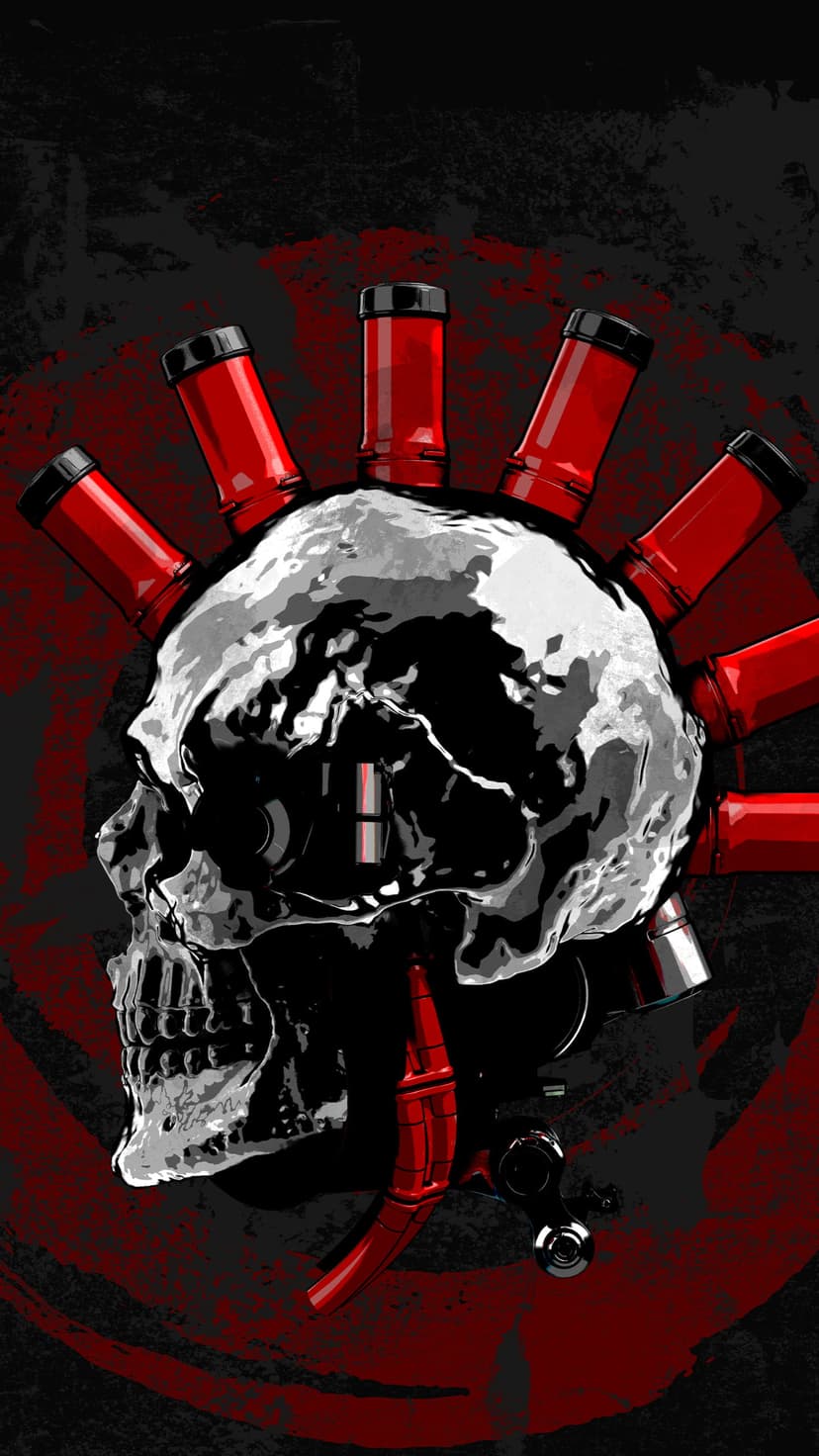 Human skull entwined with red hoses against a distressed black and crimson background in vertical orientation.