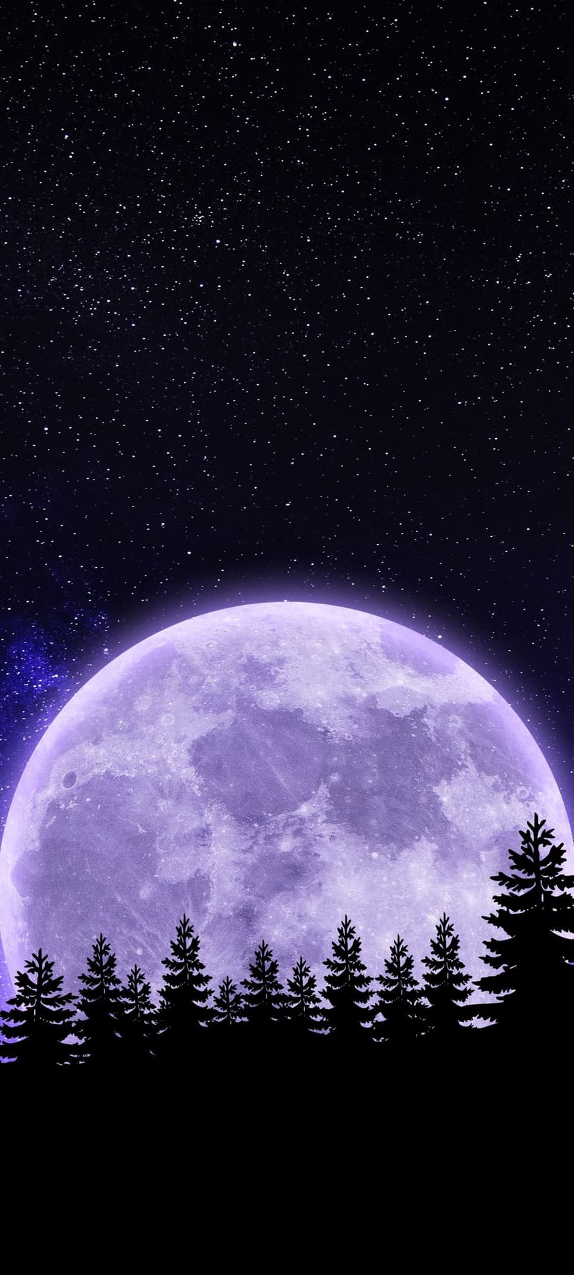 Luminous purple moon towers over silhouetted evergreen trees beneath a dense field of twinkling white stars.