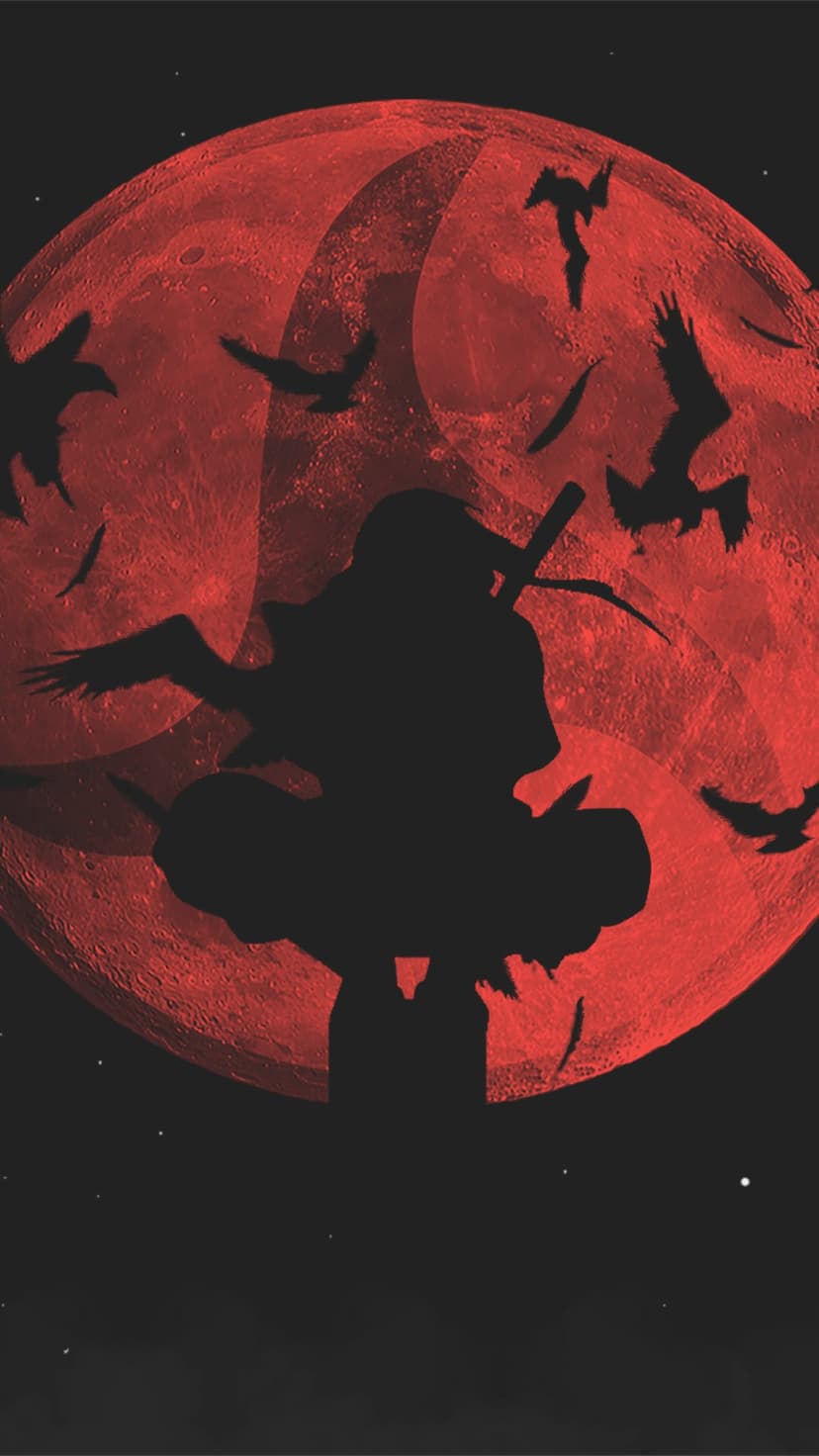 Itachi Uchiha holds a sword in silhouette against a giant red moon with black crows flying in the background.