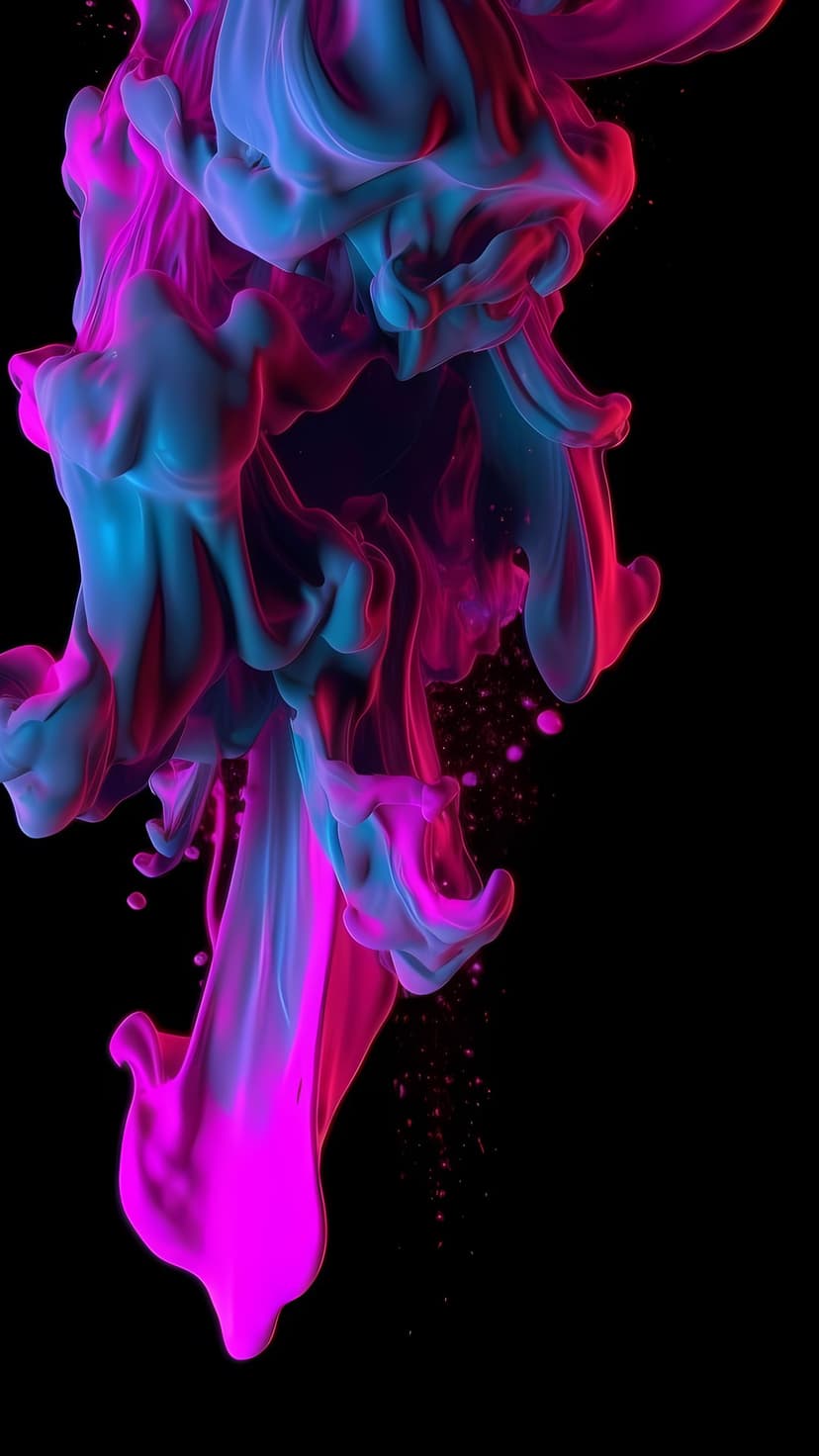 Pink and cyan ink plumes swirl together against a pitch-black backdrop with tiny glowing light particles.